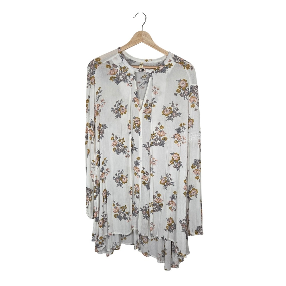 Free People Floral Tunic Top Small Oversized Boho Lace Trim Swing Blouse